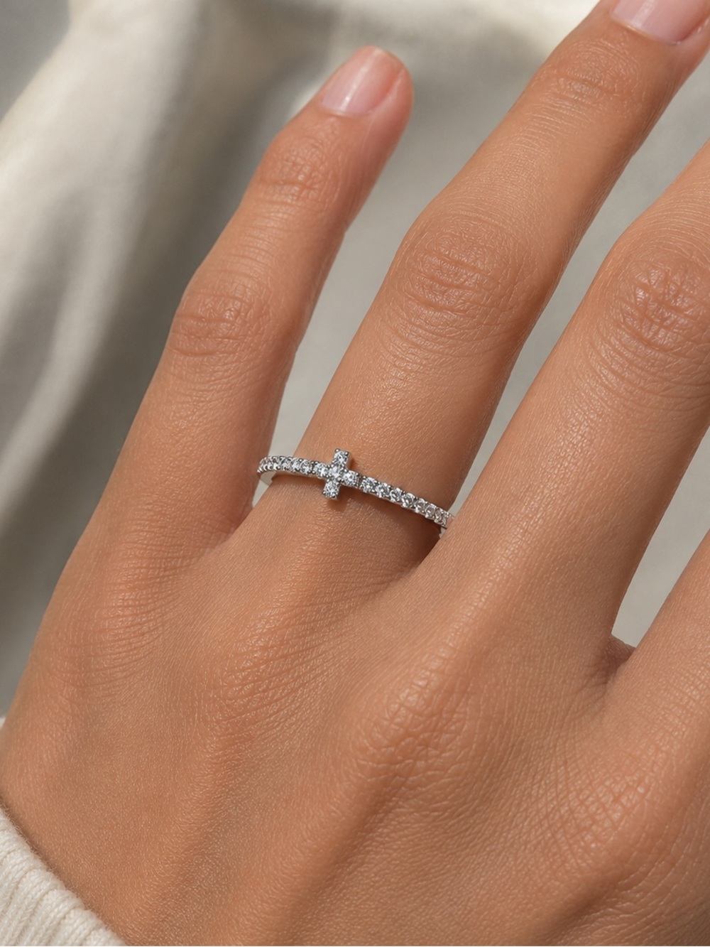 925 Sterling Pavé Cross Ring in Silver - Minimal Women's Jewelry